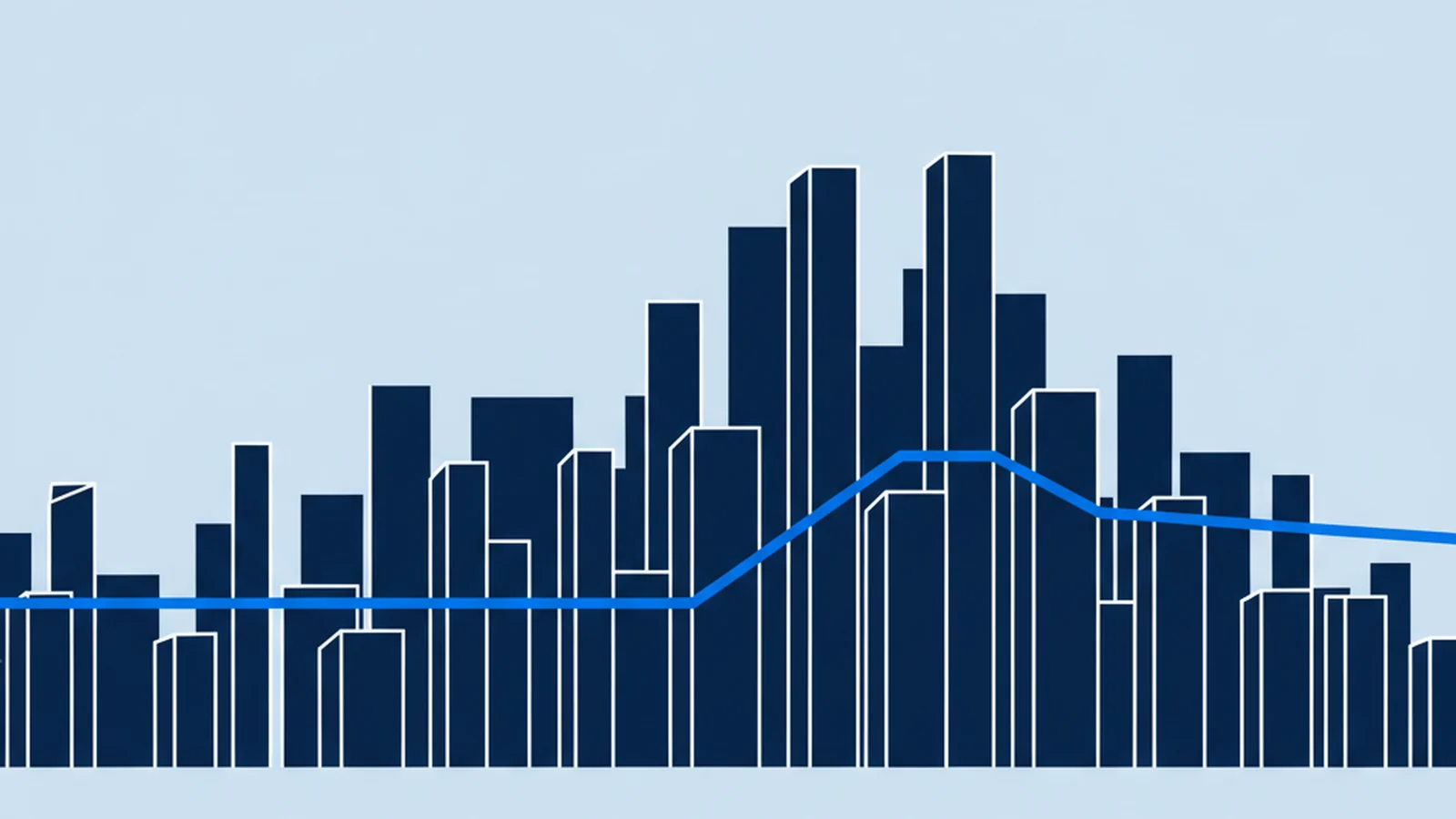 Abstract illustration: a skyline of slabs of increasing height, threaded by one continuous line