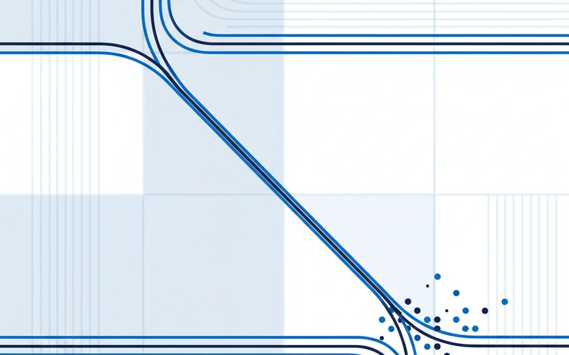 Abstract illustration: two mirrored paths that cross, with dots clustered around one crossing