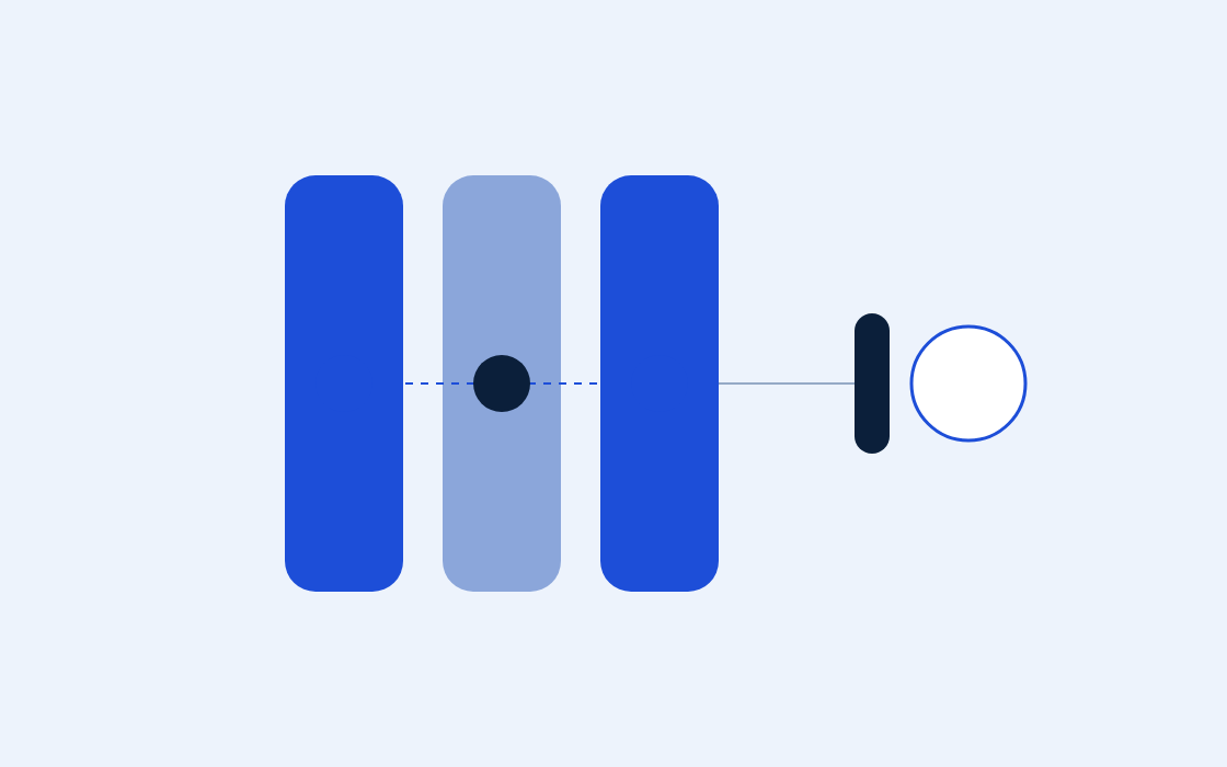 Abstract illustration: three panels on one track, a gate, and a destination beyond it