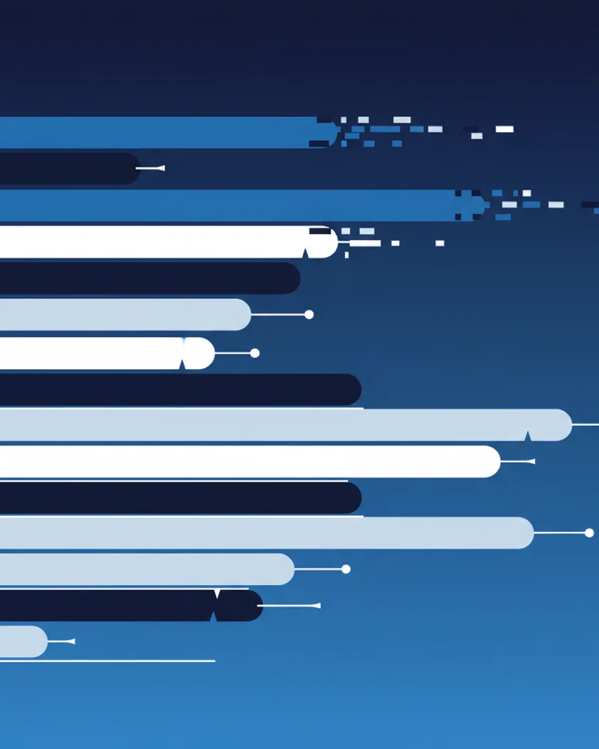 Abstract illustration: stacked bars like a feed of records, one dissolving into dashes