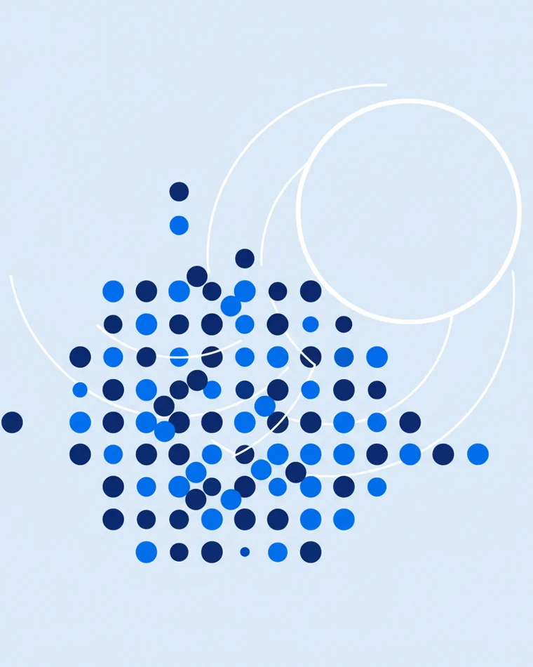 Abstract illustration: a crowd of small circles with one outlined circle off the centre